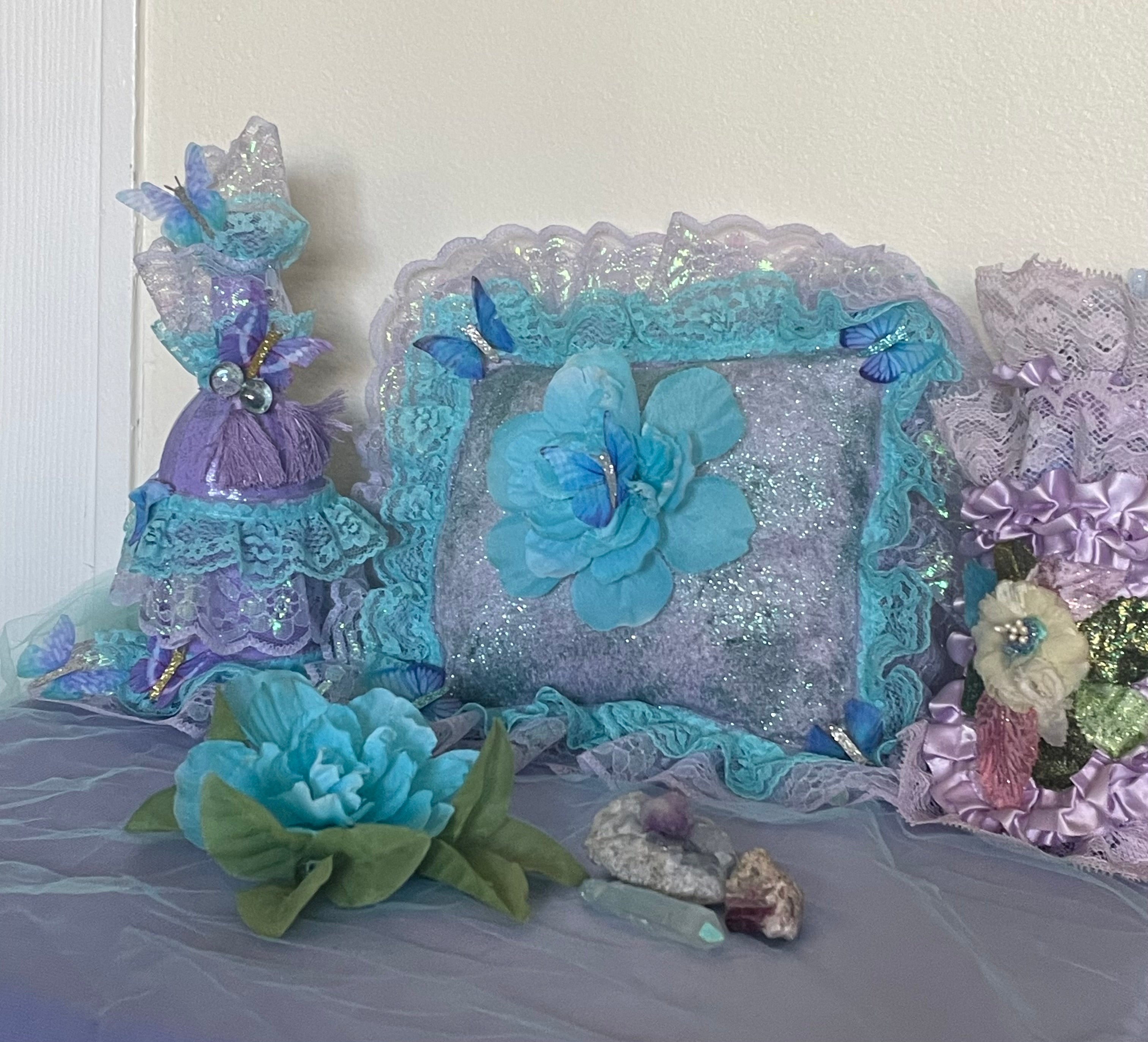 Hand Crafted Butterfly Harmony Pillow, Gypsy Jar & Bottle Set